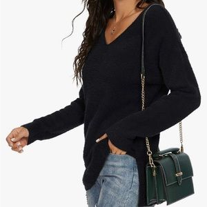 Black Fuzzy Knit V-Neck Side Split Sweater